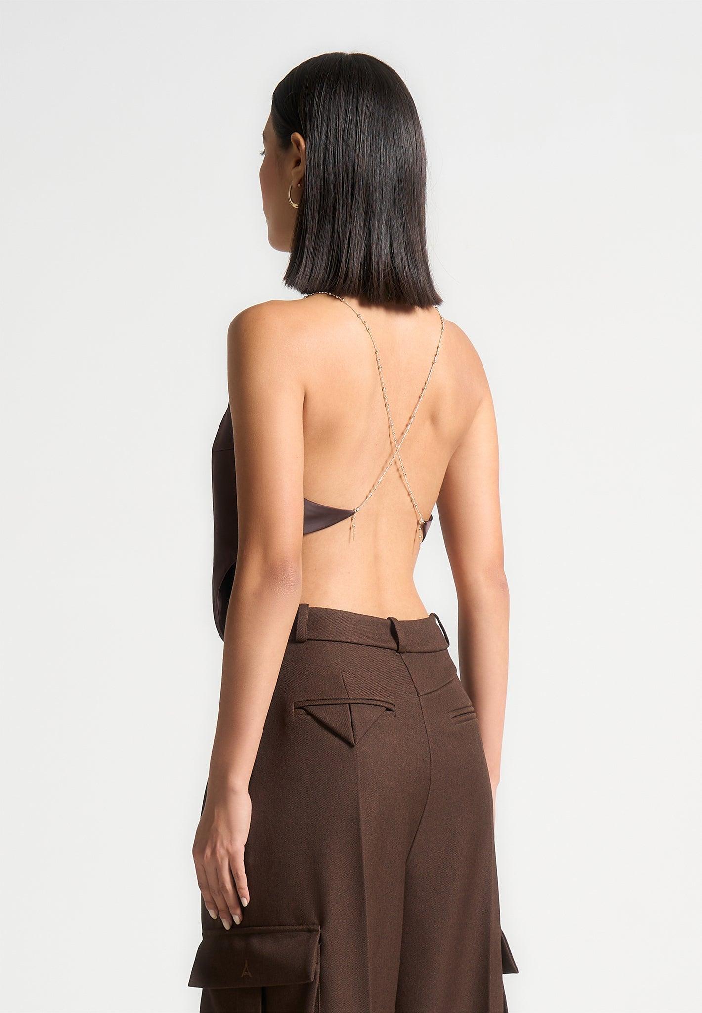 Satin Cowl Neck Top with Chain Detail - Brown Female Product Image