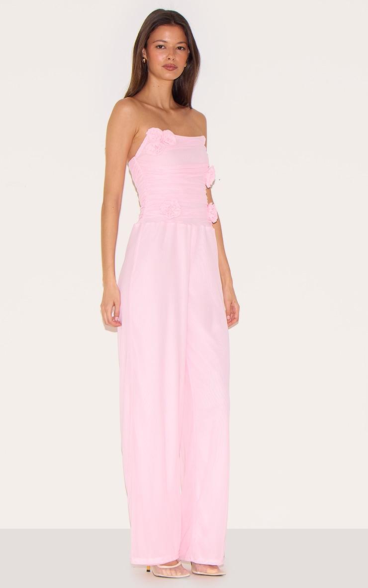 Pale Pink Mesh Overlay Bandeau Rose Applique Jumpsuit Product Image