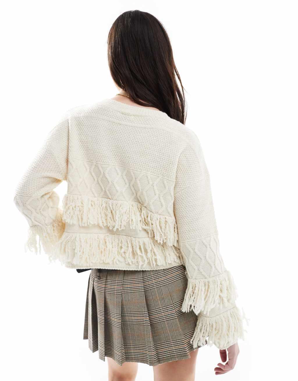 Miss Selfridge knit fringe boho cardigan in cream  Product Image