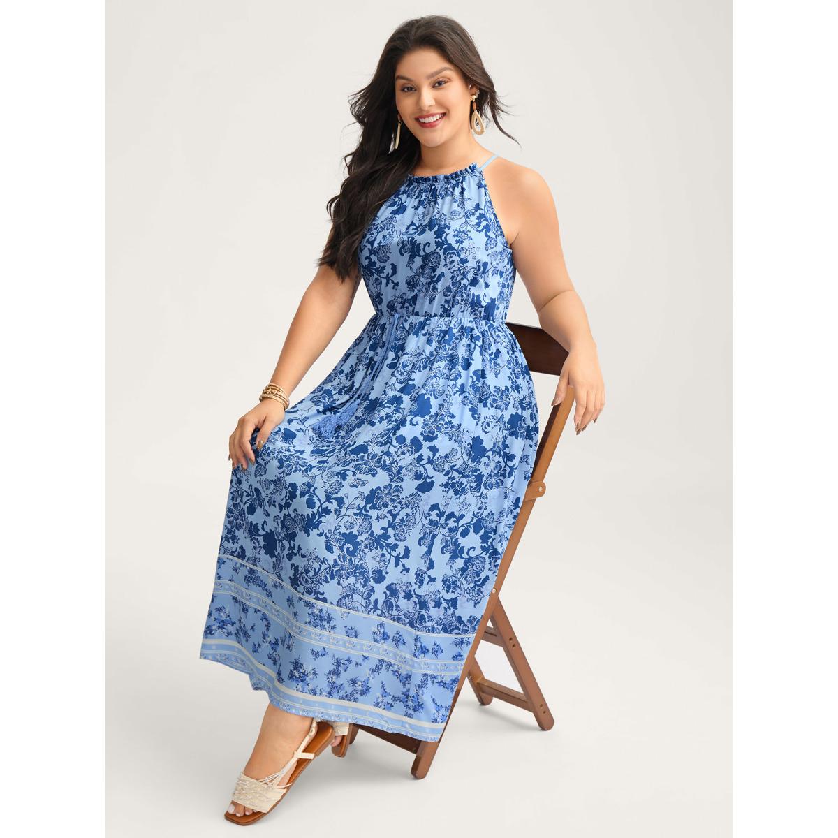 Plus Size Rayon Braided Shoulder Straps Floral Midi Dress Stone Women Round Neck Sleeveless Curvy BloomChic 12/L Product Image