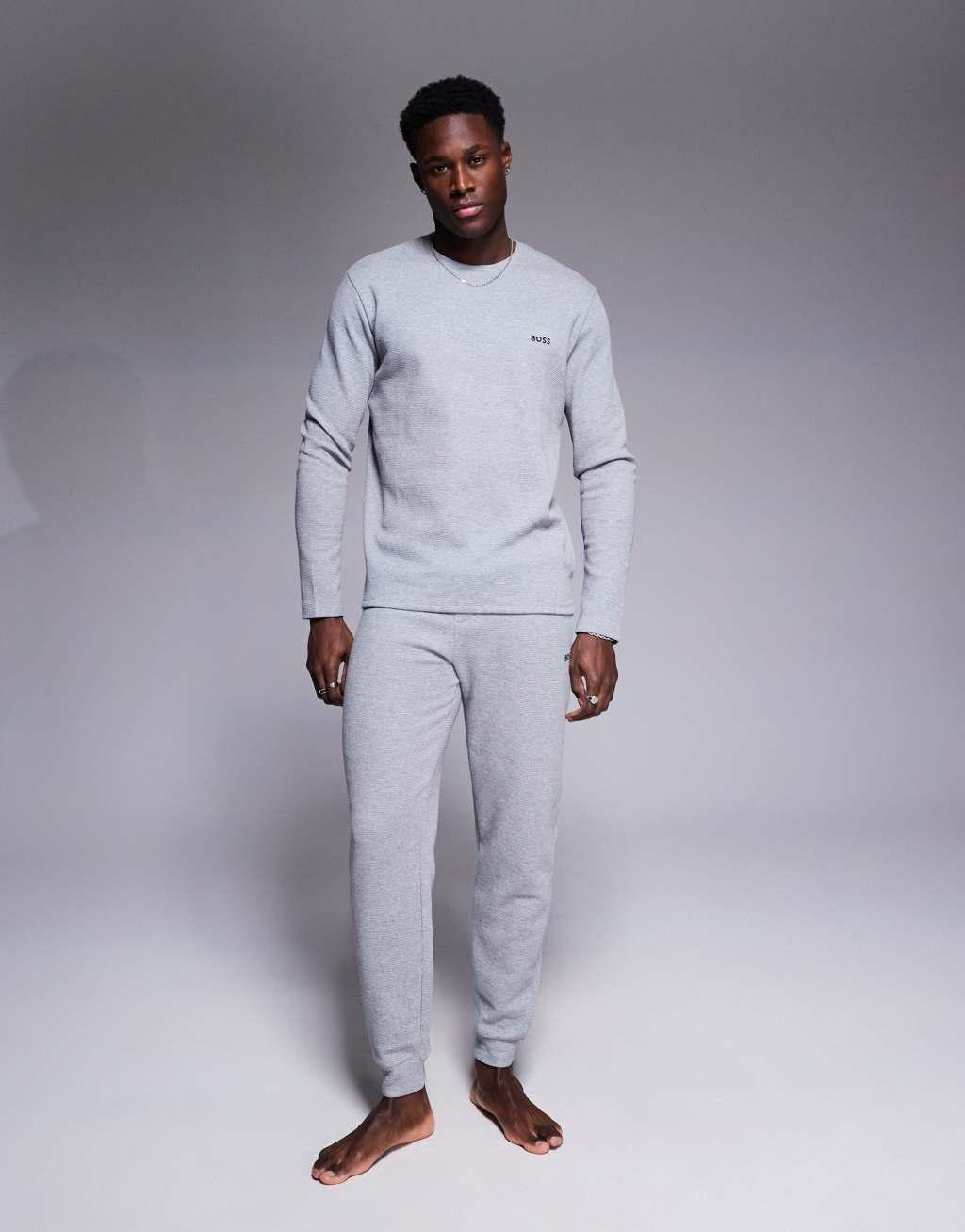 BOSS Bodywear Waffle logo long sleeve t-shirt regular fit in gray - part of a set Product Image