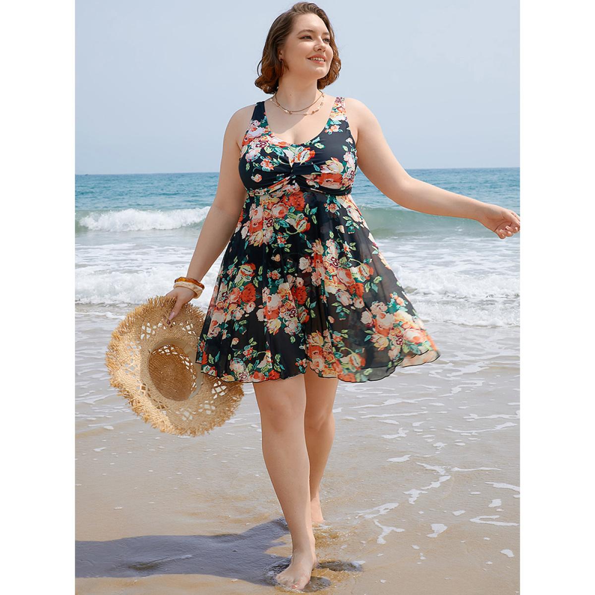 Plus Size Floral Ruffle Hem Twist Ruched Swim Dress Women's Swimwear BlackFlower Vacation Bodycon V-neck High stretch Curve Swim Dresses BloomChic 26/4X Product Image
