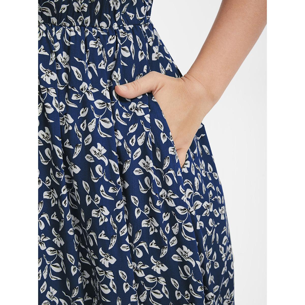 Plus Size Ditsy Floral Button Lace Pocket Split Ruffles Maxi Dress DarkBlue Women Elegant Printed V-neck Short sleeve Curvy Long Dress BloomChic 18-20/2X Product Image