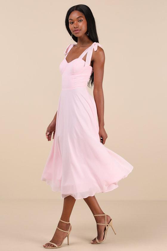 Sophisticated Charisma Light Pink Tie-Strap A-Line Midi Dress Product Image