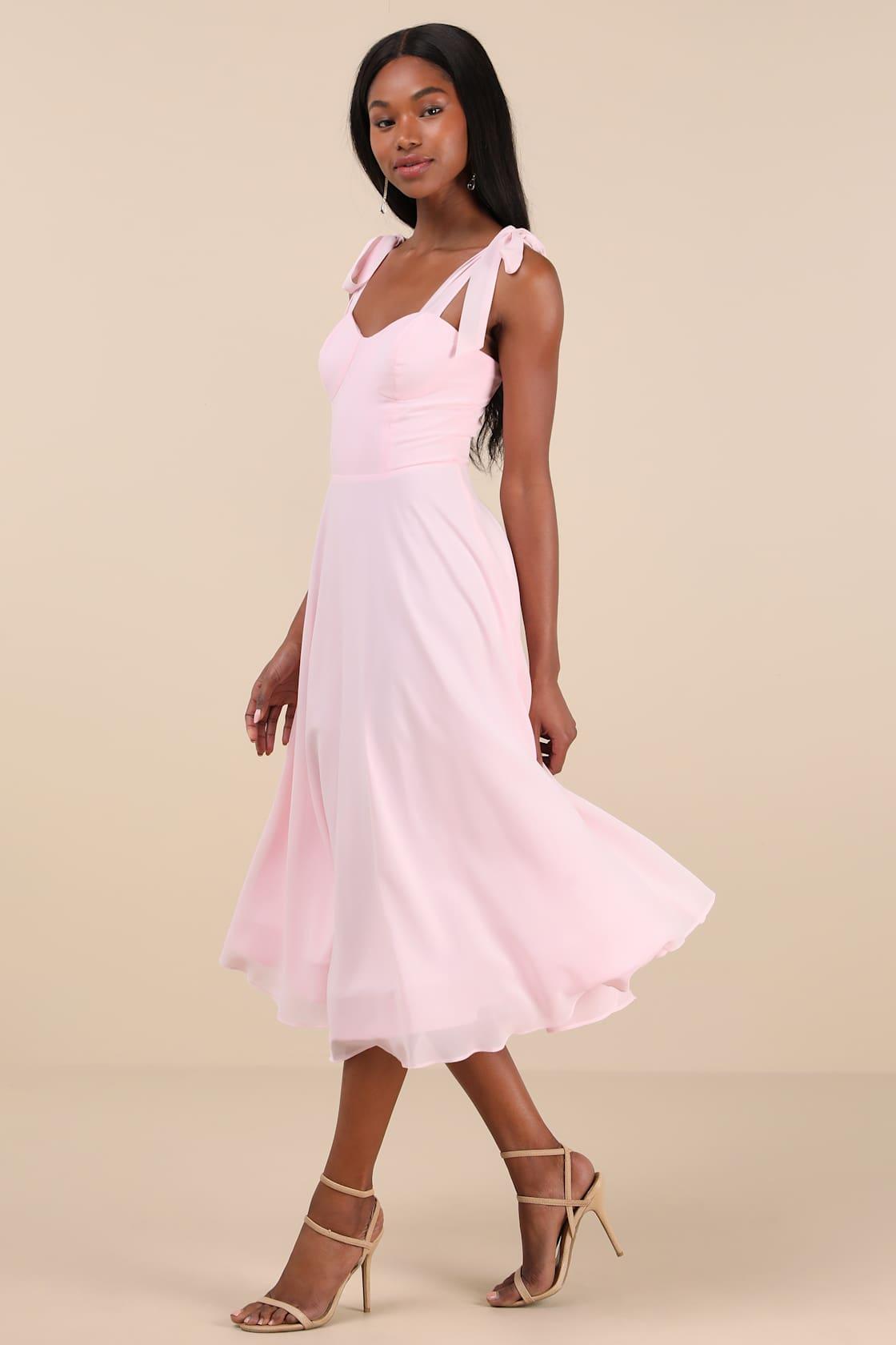 Sophisticated Charisma Light Pink Tie-Strap A-Line Midi Dress Product Image
