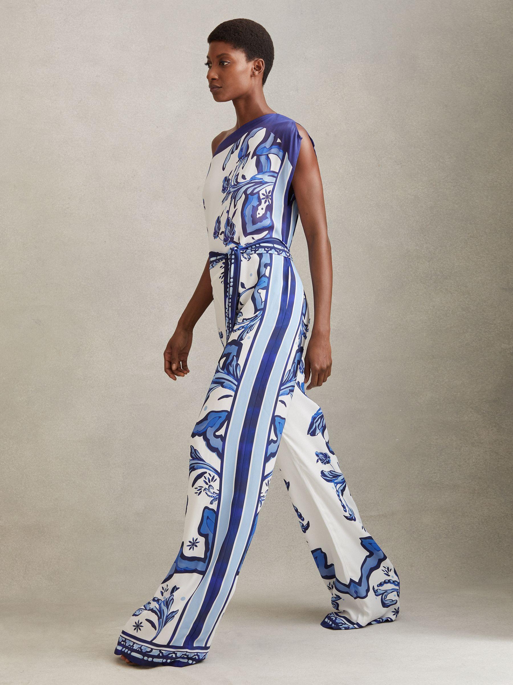 Tile Print Off-The-Shoulder Jumpsuit in Blue Product Image