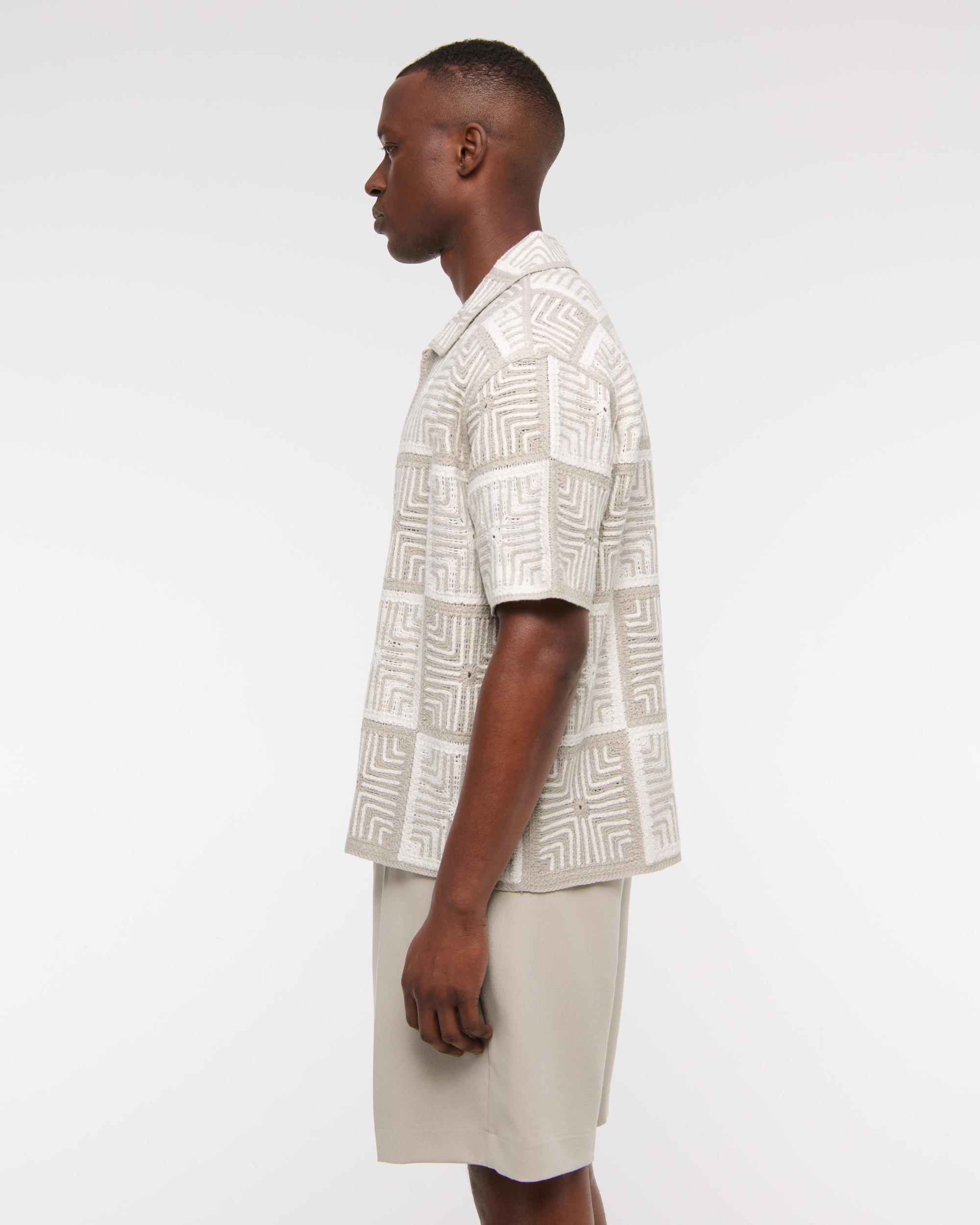 Crochet-Style Border Stripe Button-Through Sweater Polo Product Image