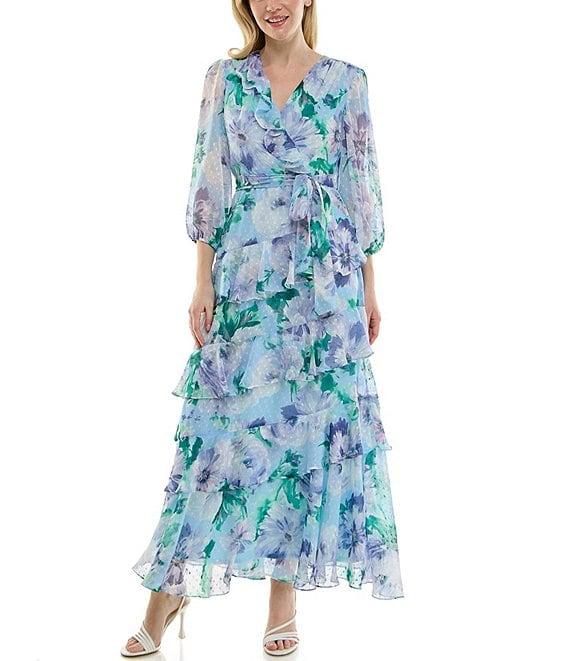 Moda Tara 3/4 Sleeve Floral Print Chiffon Faux Wrap Maxi Dress Product Image