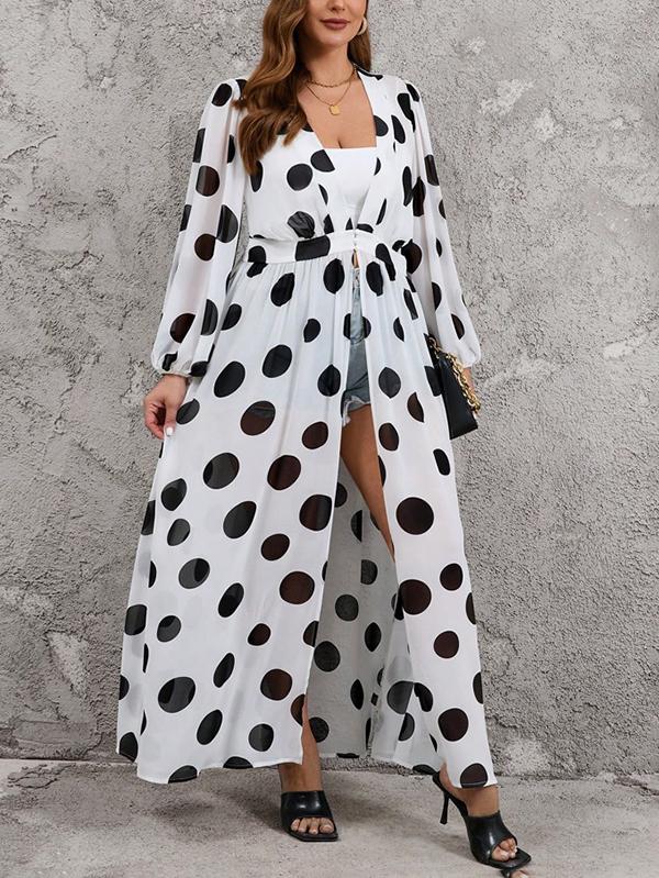 High Waisted Long Sleeves Pleated Polka-Dot See-Through Split-Joint Deep V-Neck Maxi Dresses Outerwear Product Image