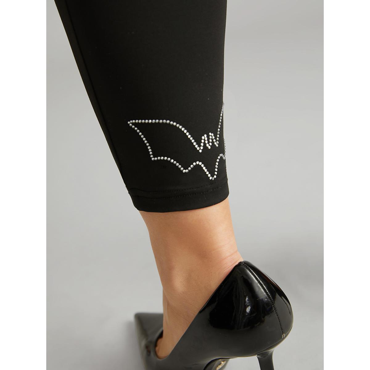 Plus Size Stretchy-Fit Rhinestone Elastic Waist Leggings Women Black Elegant High stretch Skinny High Rise Dailywear Leggings BloomChic 18-20/2X Product Image