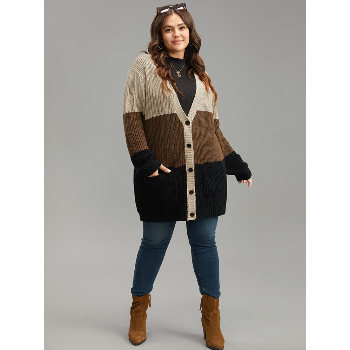 Plus Size Contrast Button Through Patched Pocket Cardigan Multicolor Women Casual Loose Long Sleeve Dailywear Cardigans BloomChic 30/6X Product Image