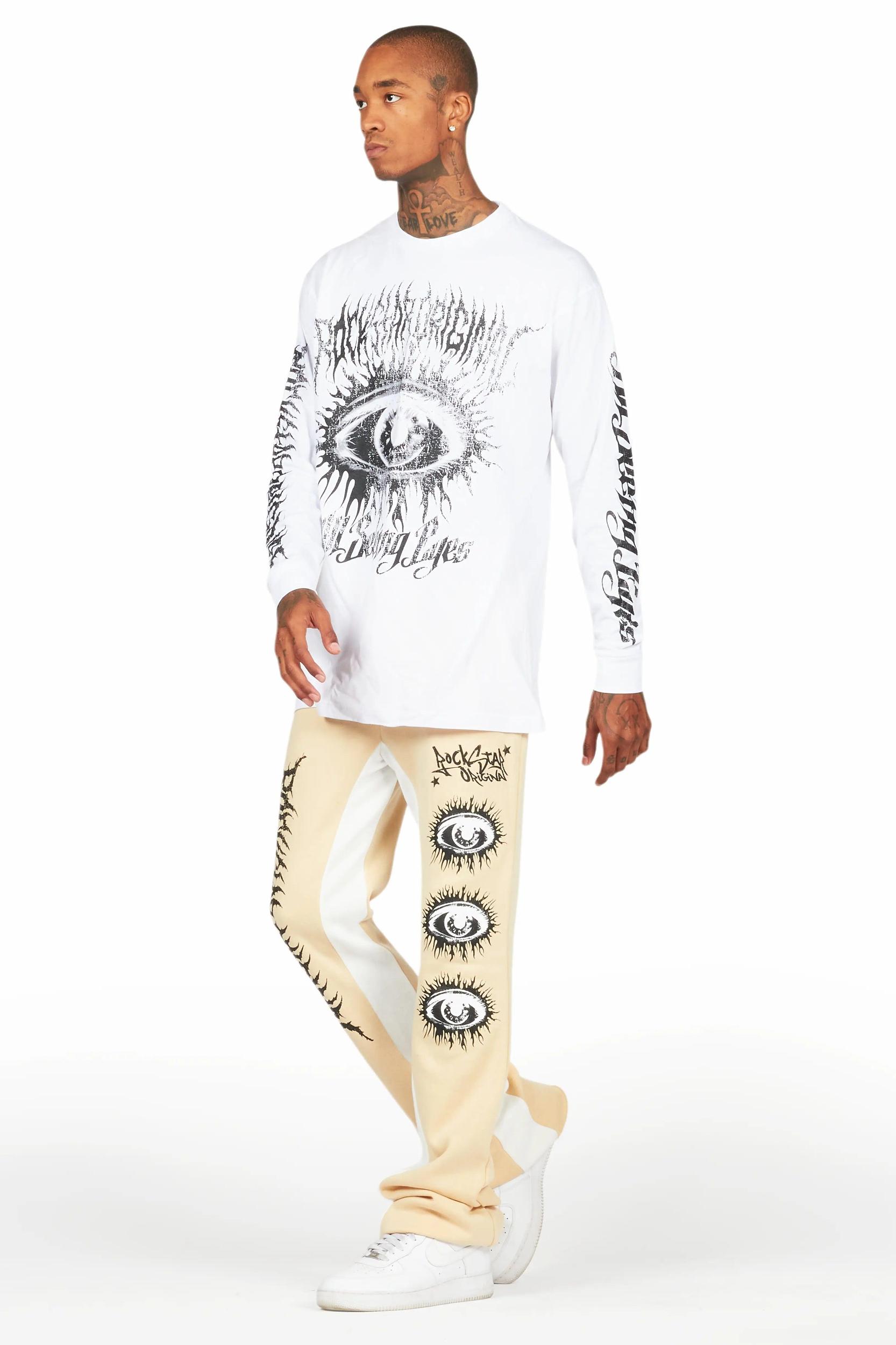 All Seeing Eyes White/Beige Long Sleeve T-Shirt/Baggy Pant Set Male Product Image