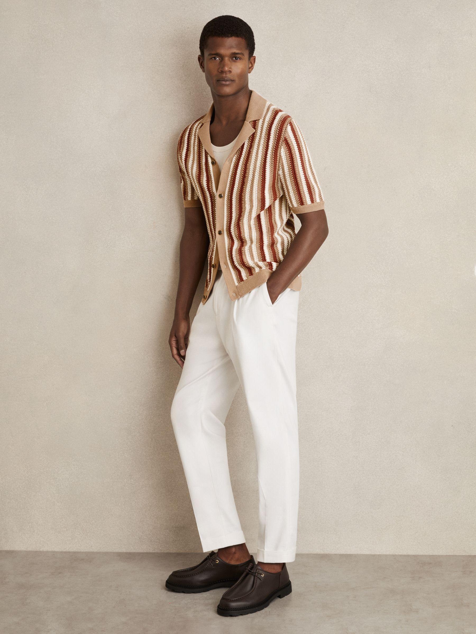 Cotton Crochet Stripe Cuban Shirt in Camel Multi Product Image