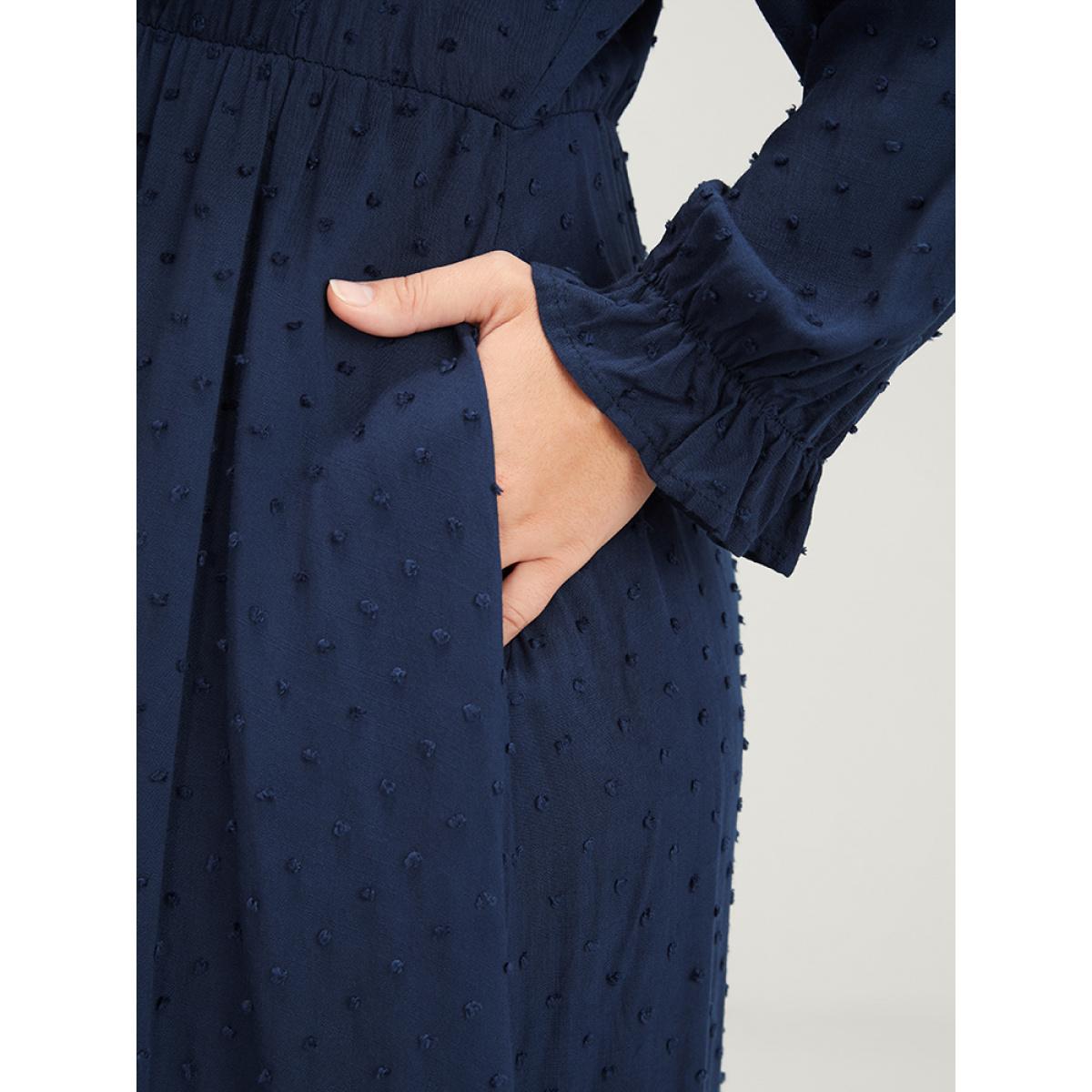 Plus Size Polka Dot Lantern Sleeve Pocket Button Front Midi Dress Navy Women Casual Button V-neck Long Sleeve Curvy Midi Dress BloomChic 26/4X Product Image