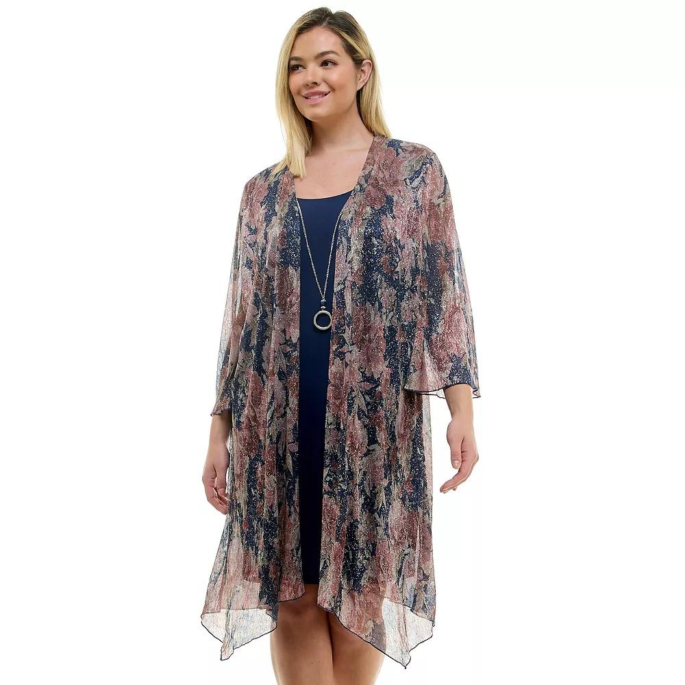 Plus Size Luxology 3-Piece Jacket & Shift Dress with Necklace, Womens Navy Brown Blush Product Image