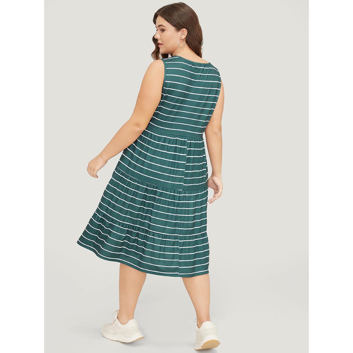 Plus Size Striped Print Button Detail Ruffle Tiered V Neck Tank Dress Cyan Women Casual Contrast V-neck Sleeveless Curvy Midi Dress BloomChic 30/6X Product Image