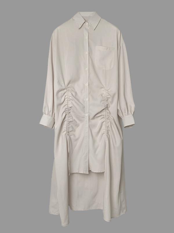 High-Low Long Sleeves Buttoned Drawstring Pleated Pockets Solid Color Lapel Midi Dresses Product Image
