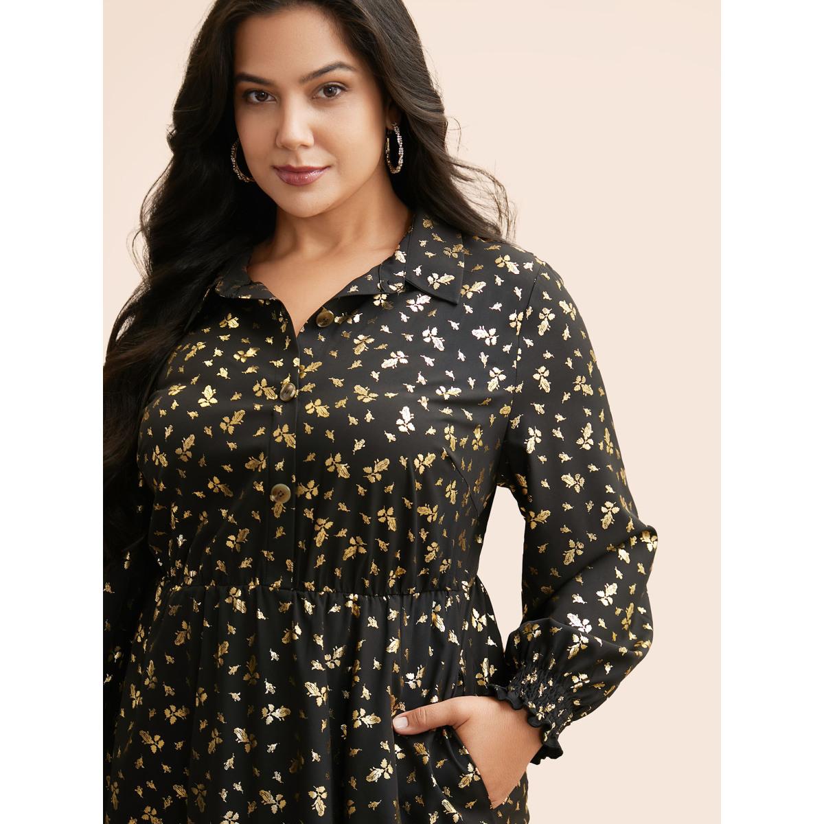 Plus Size Glitter Floral Frill Trim Shirred Dress Black Women Cocktail Texture Party Curvy Bloomchic 30/6X Product Image