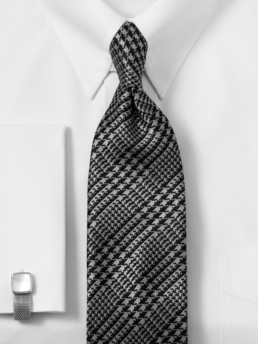 Houndstooth Plaid Woven Silk Tie - Black/grey Product Image