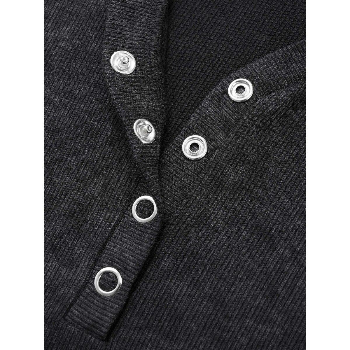 Plus Size Vintage Textured Button Up T-shirt Black Women Casual Texture Plain V-neck Everyday T-shirts BloomChic 12/L Product Image