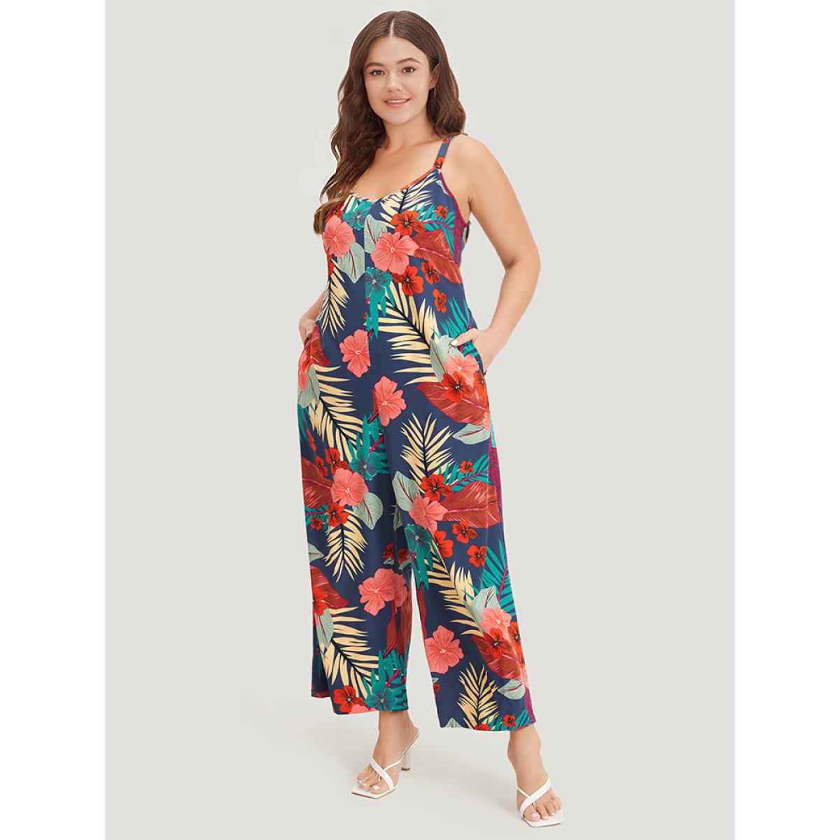 Plus Size Indigo Floral Print Pocket Cami Jumpsuit Women Elegant Sleeveless Spaghetti Strap Dailywear Loose Jumpsuits BloomChic 22-24/3X Product Image