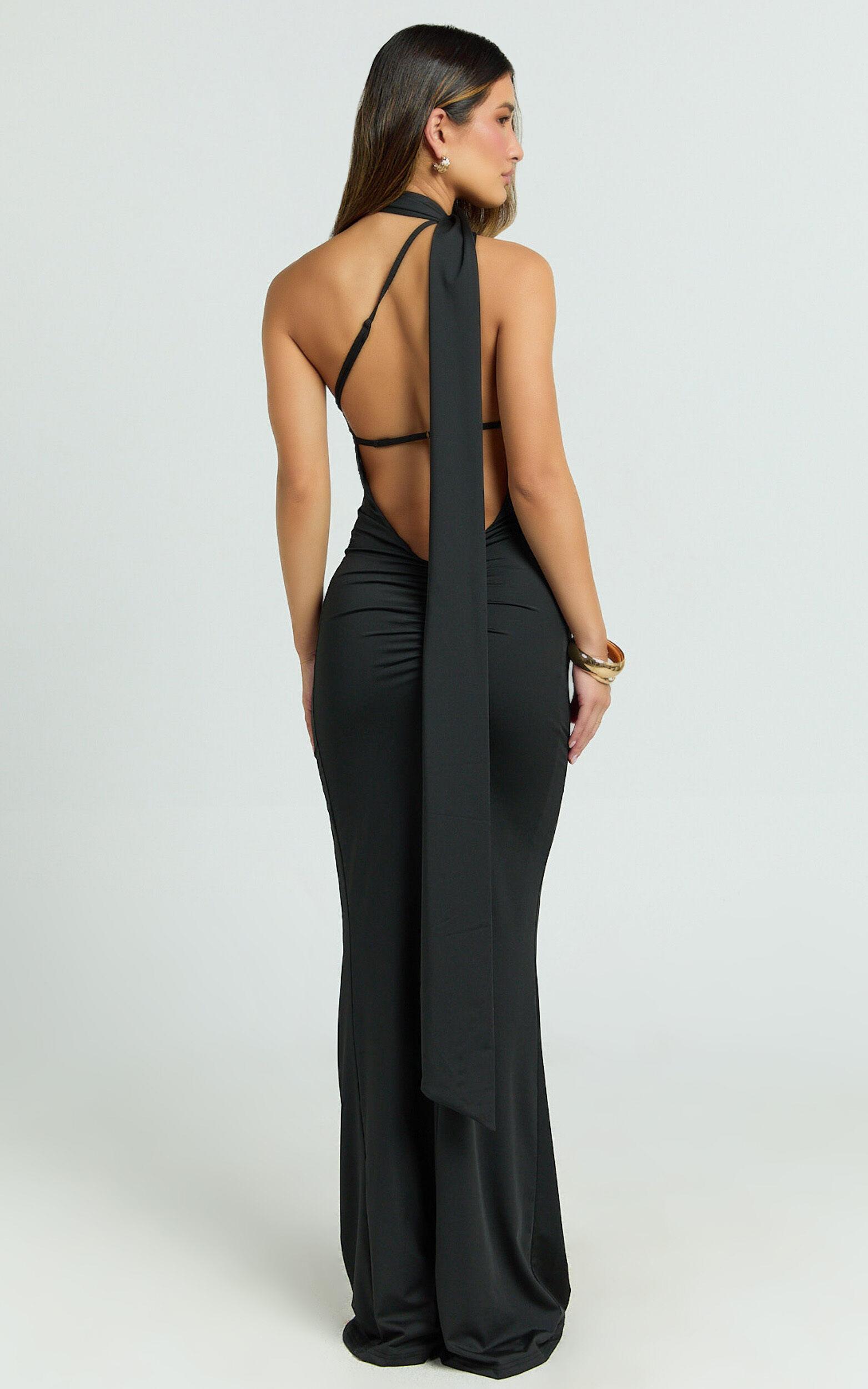 Seraphine Maxi Dress - Halter Neck Low Back Fit And Flare Dress in Black Product Image