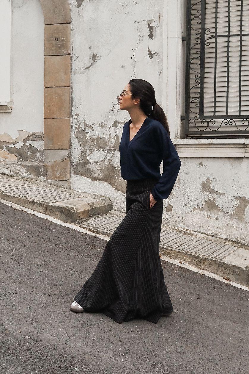 Pinstriped Wide Mid Waist Trousers Product Image