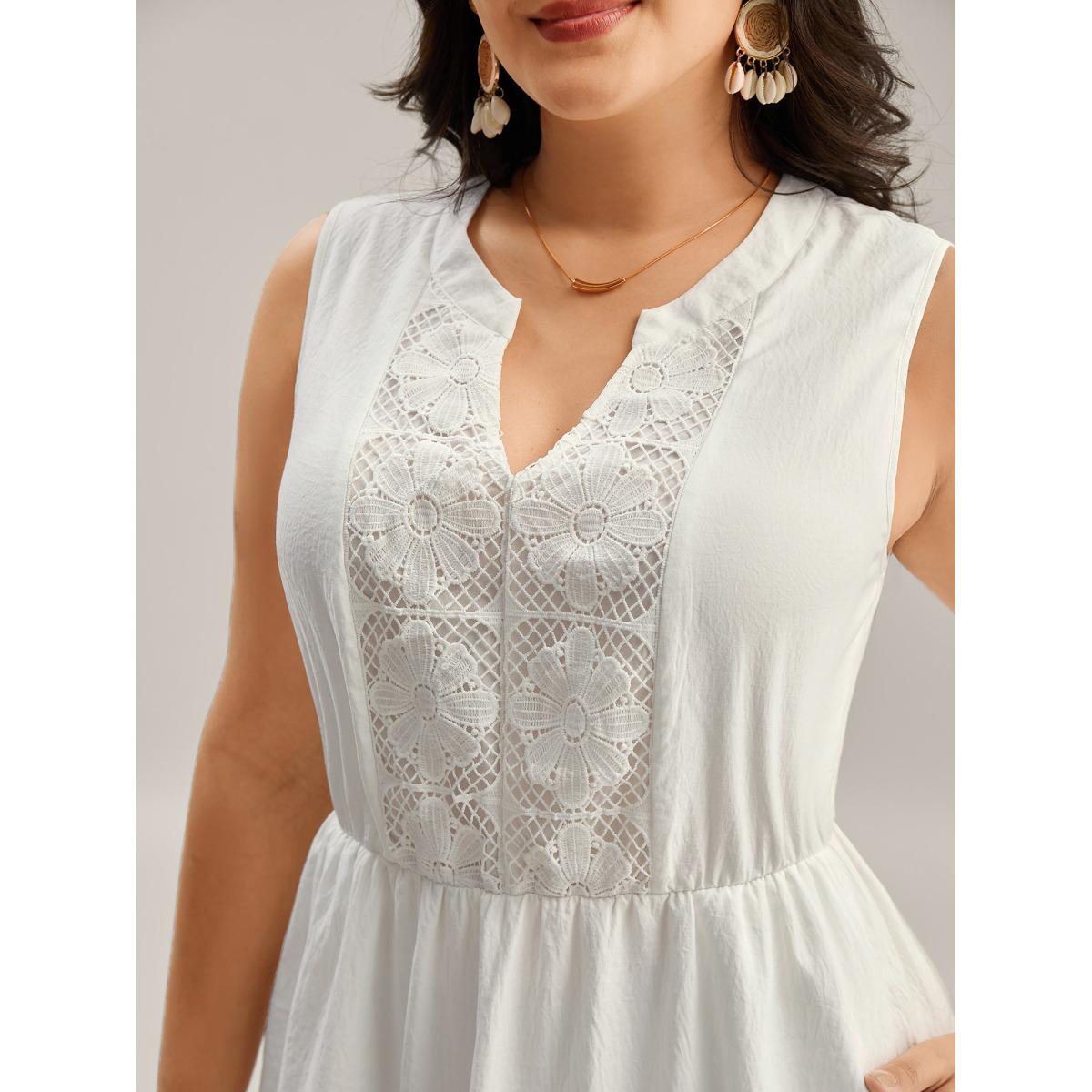 Plus Size Floral Textured Solid Tiered Hem Midi Dress Originalwhite Women Boho Flat collar with V-notch Sleeveless Curvy BloomChic 10/M Product Image