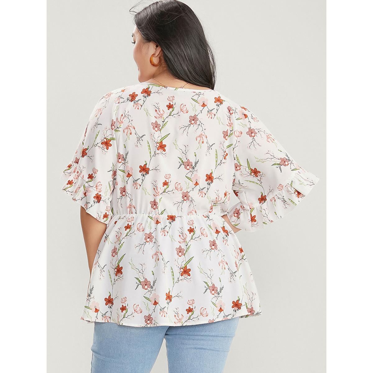 Plus Size White Floral Print Ruffles Flounce Sleeve Surplice Neck Blouse Women Elegant Short sleeve V-neck Dailywear Blouses BloomChic 10/M Product Image