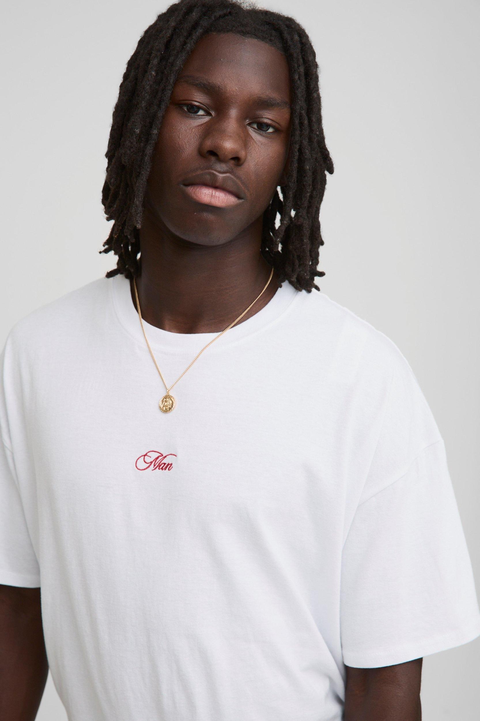 White Oversized Embroidered MAN T-Shirt | boohooMAN USA Product Image