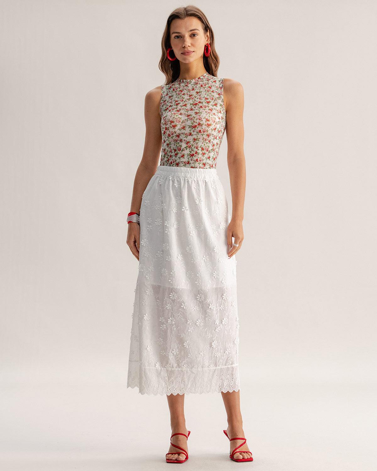 White Textured Elastic Waist Midi Skirt Product Image