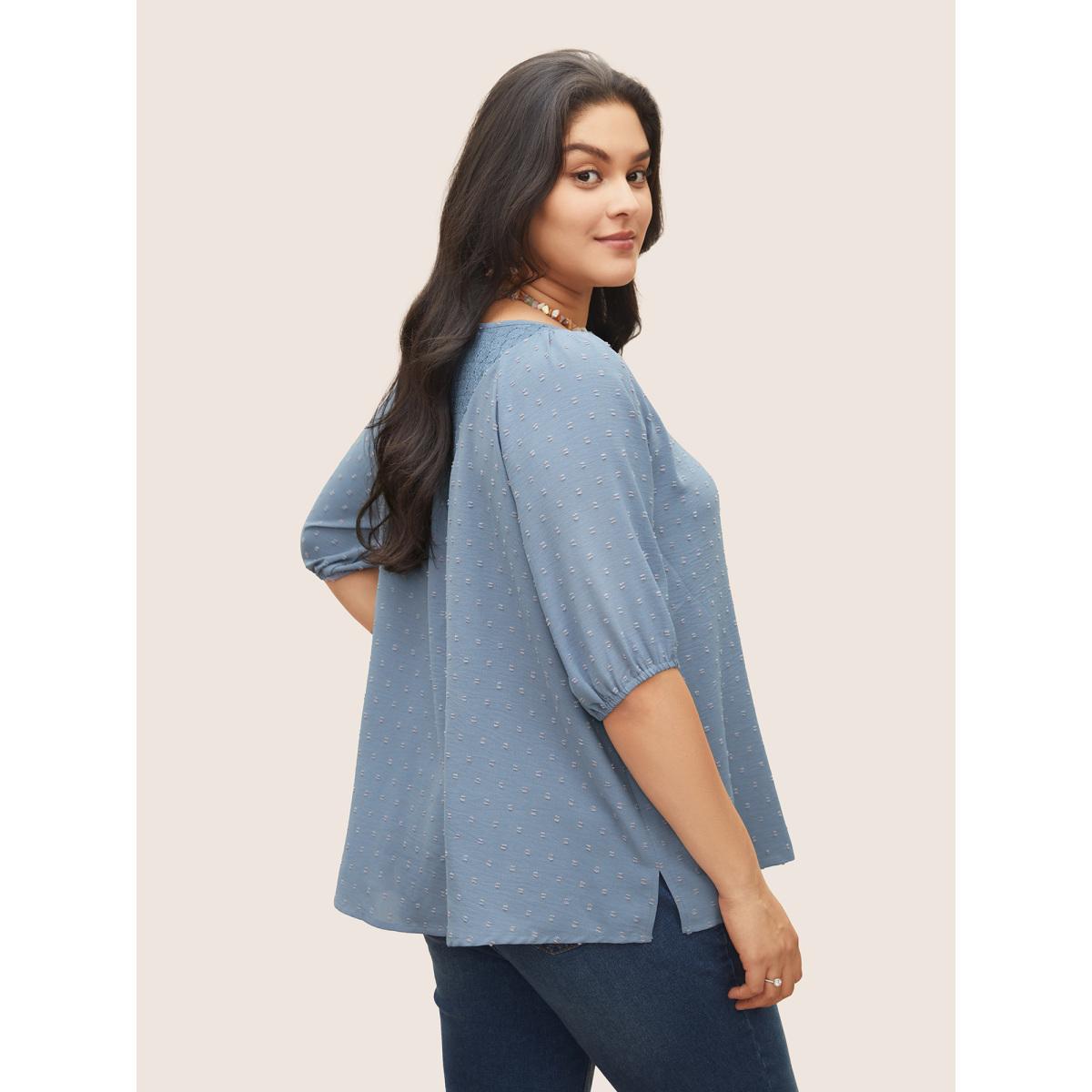 Plus Size Stone Plain Texture Lace Patchwork Lantern Sleeve Blouse Women Elegant Half Sleeve V-neck Everyday Blouses BloomChic 14-16/1X Product Image