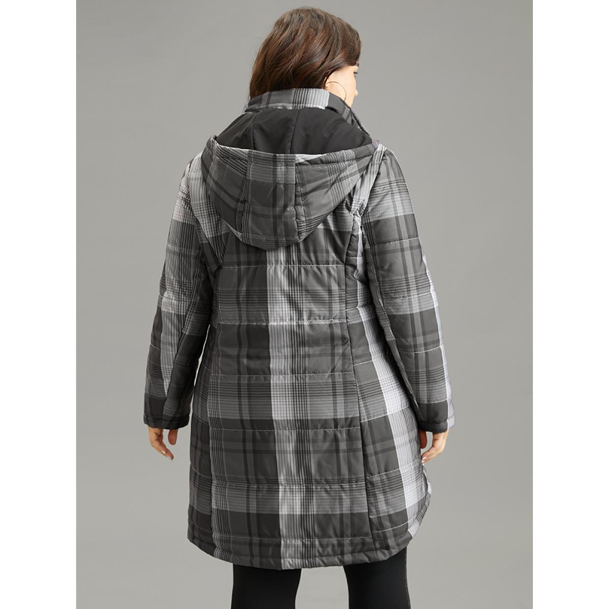 Plus Size Plaid Contrast Zipper Hooded Coat Women DimGray Casual Lined Ladies Dailywear Winter Coats BloomChic 18-20/2X Product Image