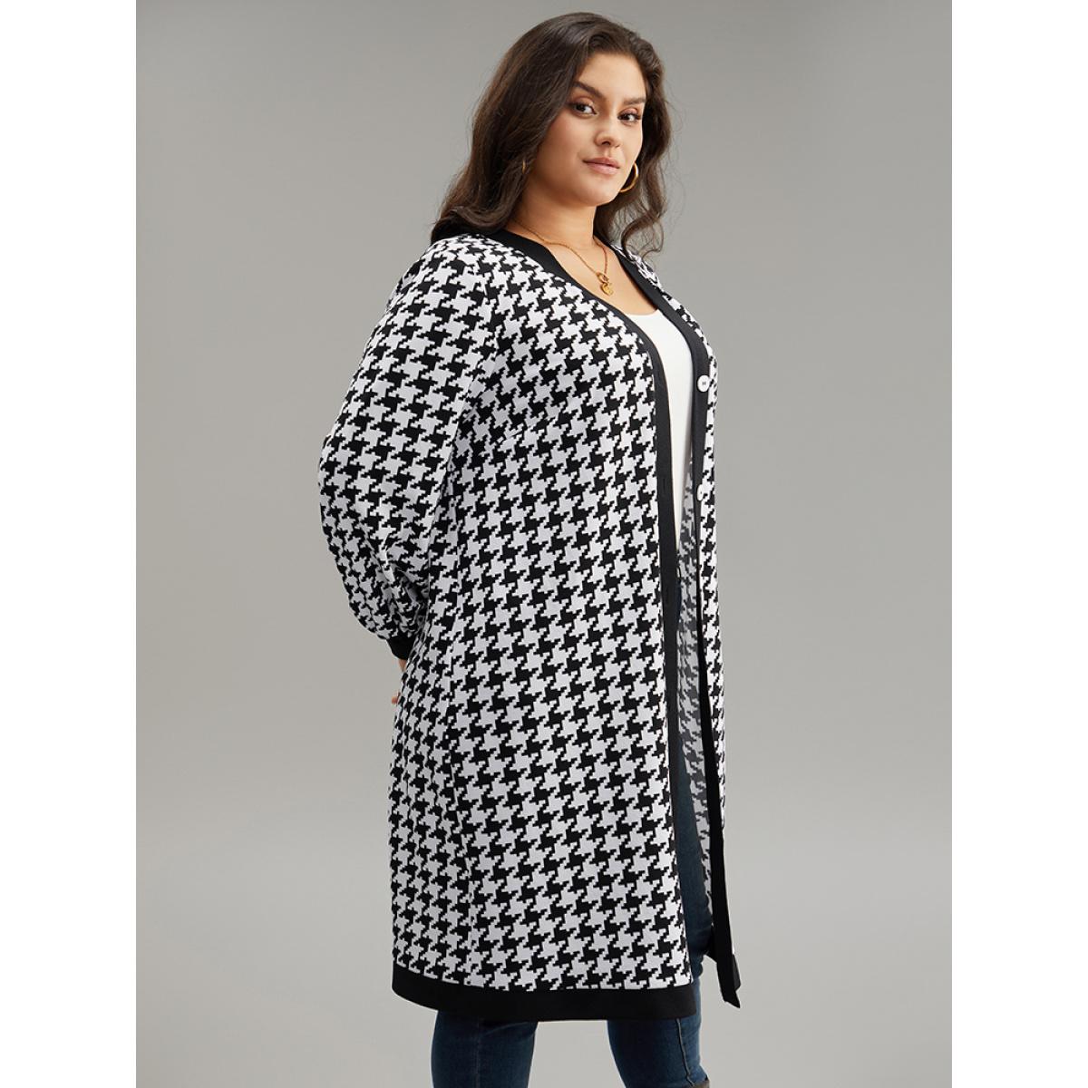 Plus Size Houndstooth Button Through Contrast Trim Jacket Women Black Contrast Dailywear Jackets BloomChic 12/L Product Image