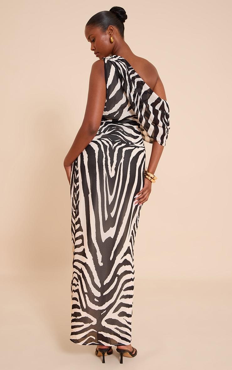 Brown Zebra Printed Chiffon Drape Detail Maxi Dress Product Image