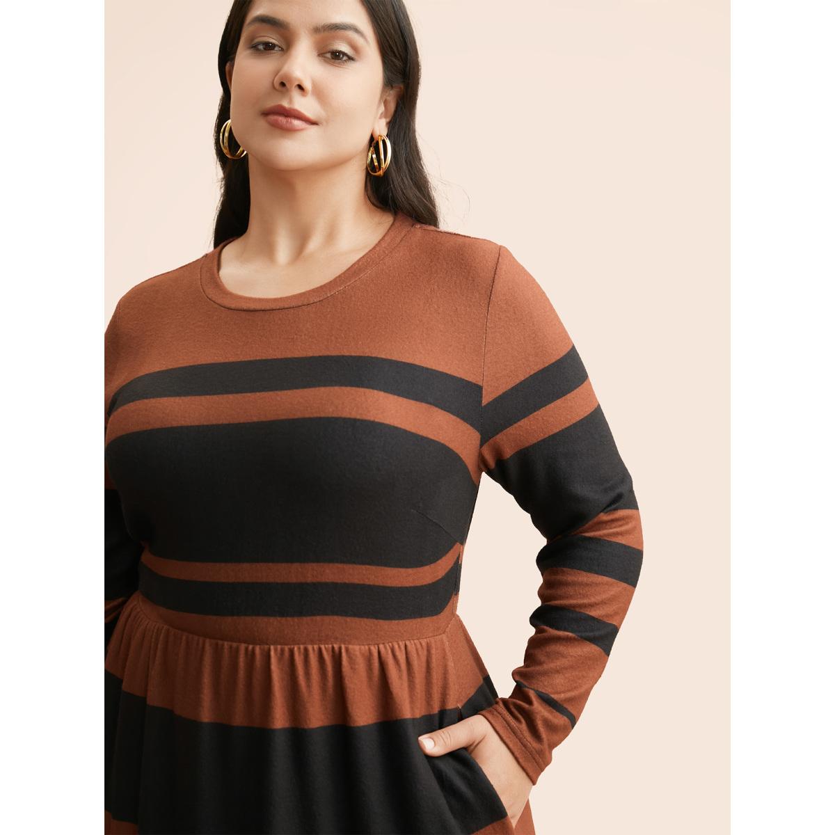 Plus Size Crew Neck Striped Patchwork Elastic Waist Dress Maroon Women At the Office Contrast Round Neck Long Sleeve Curvy BloomChic 30/6X Product Image
