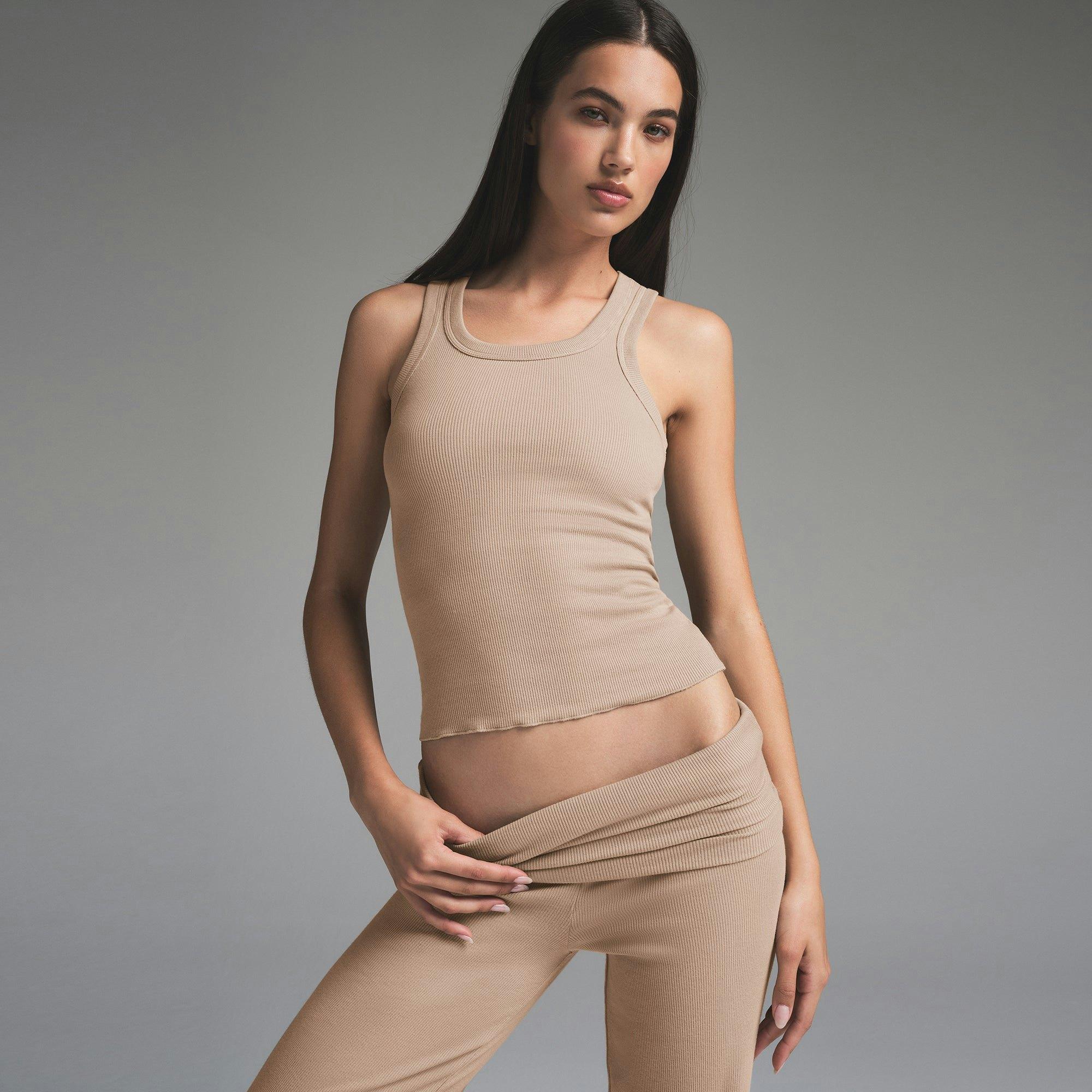 COTTON RIB FOLDOVER STRAIGHT LEG PANT | LATTE Product Image