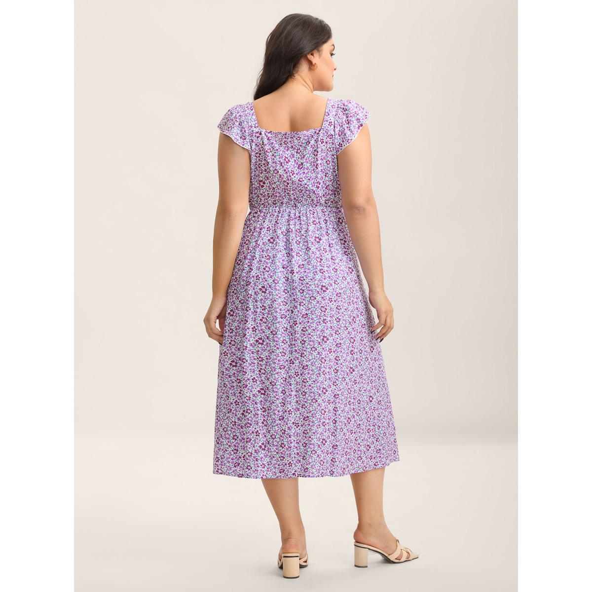 Plus Size Soft Floral Print Pockets Ruffled Midi Dress BlueViolet Women V-neck Cap Sleeve Curvy BloomChic 30/6X Product Image
