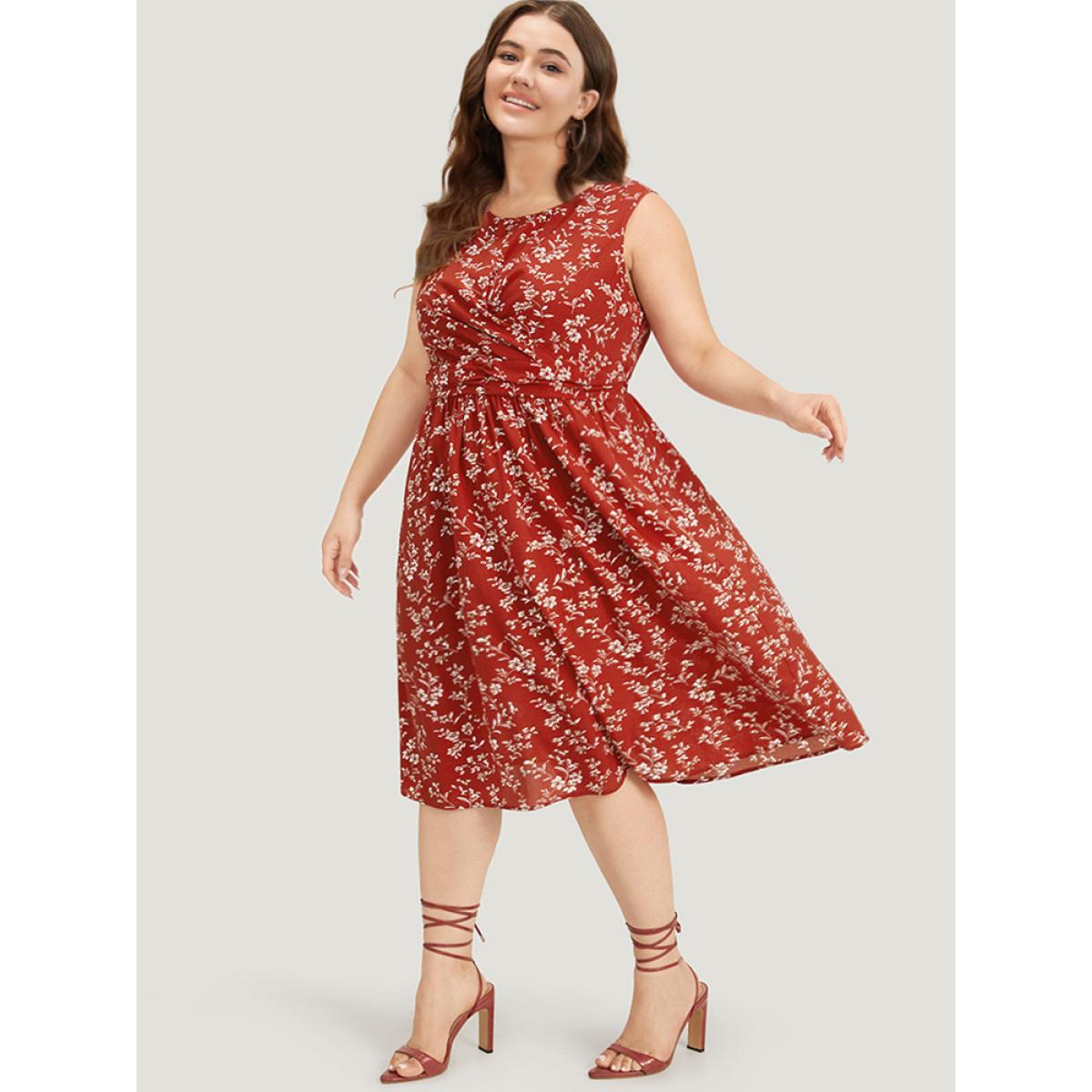 Plus Size Ditsy Floral Crossover Crew Neck Pocket Sleeveless Dress Red Women Elegant Printed Round Neck Sleeveless Curvy Midi Dress BloomChic 14-16/1X Product Image