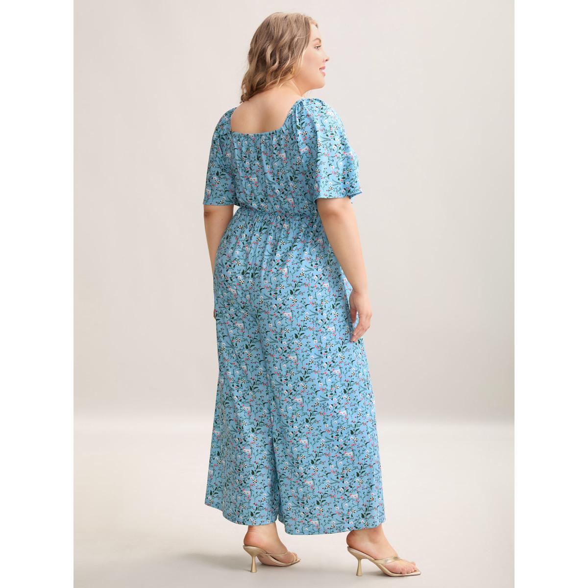 Plus Size Stone Floral Print Square Neck Knit Jumpsuit Women Elegant Short sleeve Square Neck Everyday-Elegant Loose Jumpsuits BloomChic 22-24/3X Product Image
