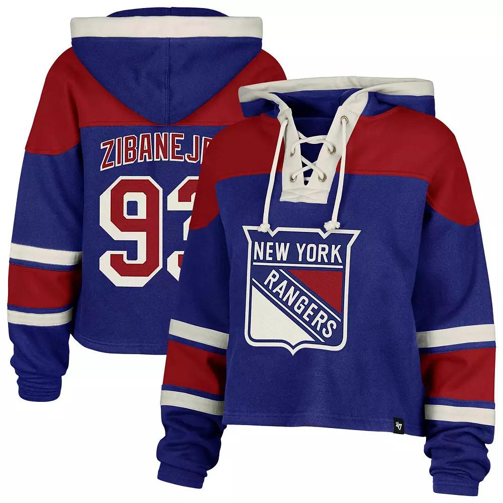 Women's '47 Mika Zibanejad Blue New York Rangers Superior Lacer Cropped Pullover Hoodie,  Product Image