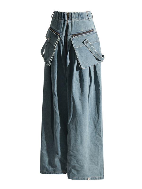 Loose Wide Leg Pleated Pockets Split-Joint Zipper Jean Pants Bottoms Product Image