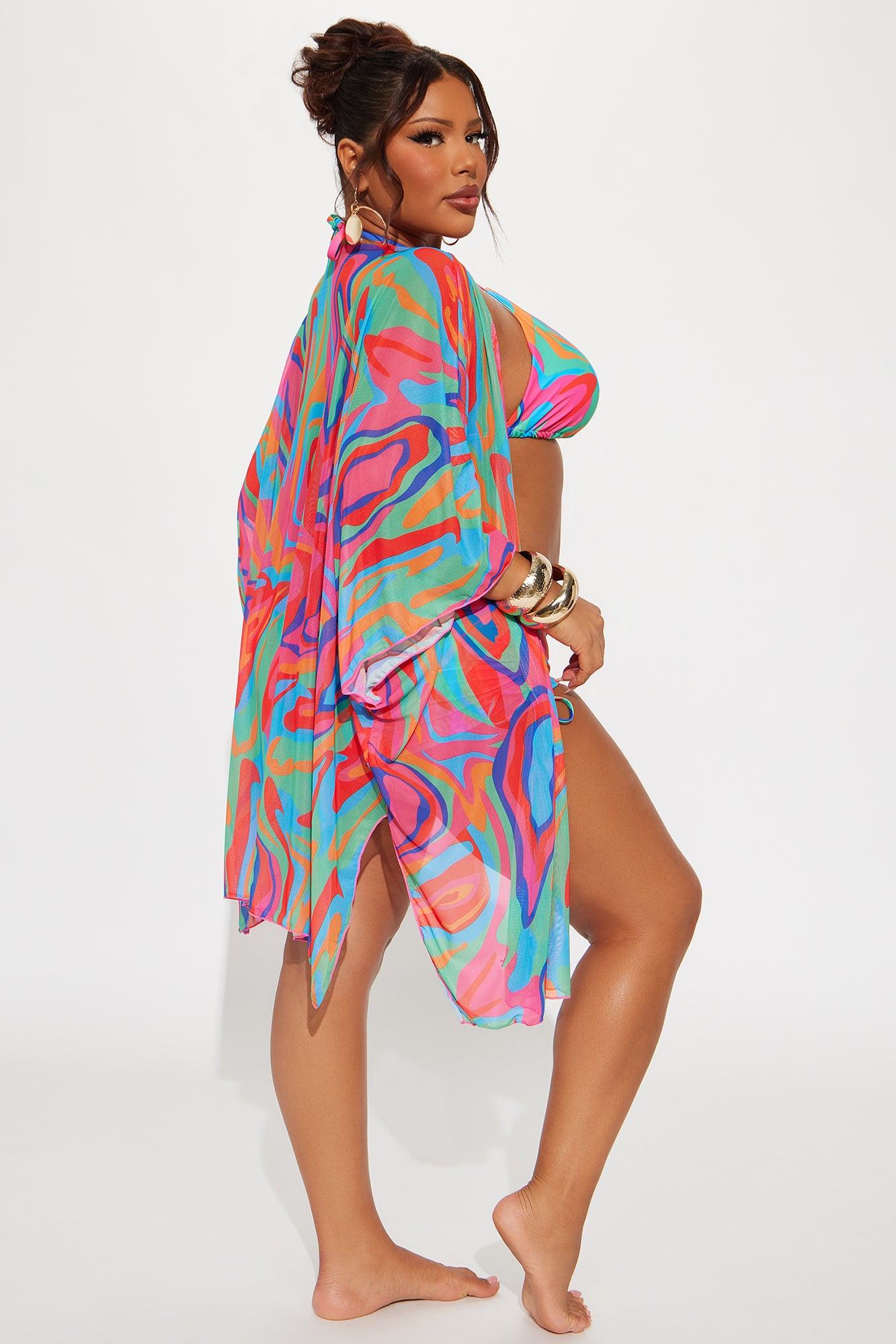 Kairi Ruched Boyshort & Kimono 3 Piece Bikini Set - Multi Color Product Image