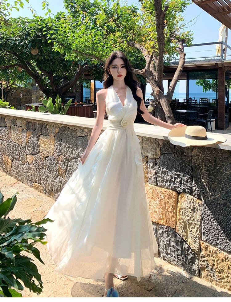 Halter-Neck Plain Ruffled Floral Midi A-Line Dress Product Image