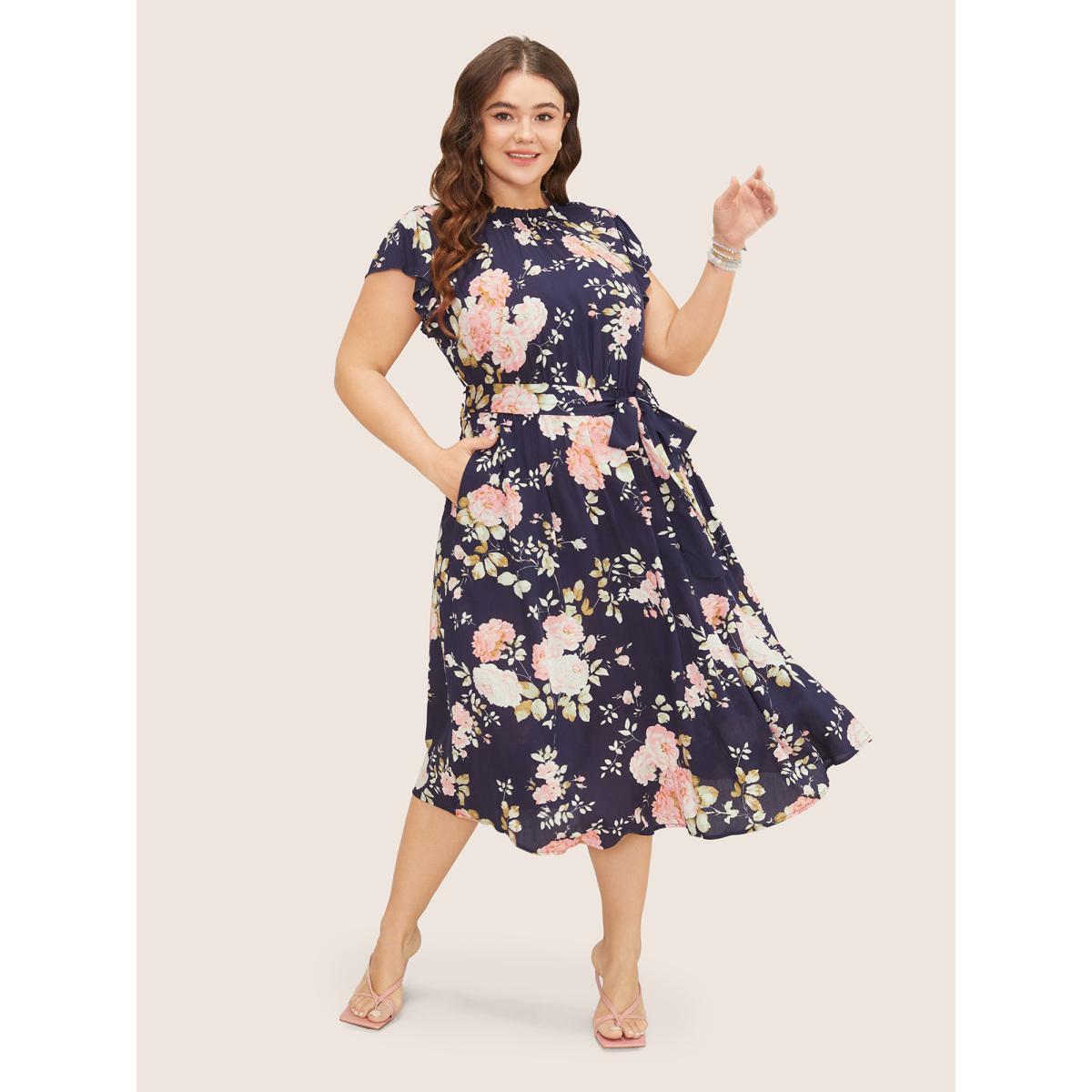 Plus Size Floral Frill Trim Mock Neck Pocket Ruffle Belted Cap Sleeve Dress DarkBlue Women Romantic Non Round Neck Short sleeve Curvy Midi Dress BloomChic 12/L Product Image