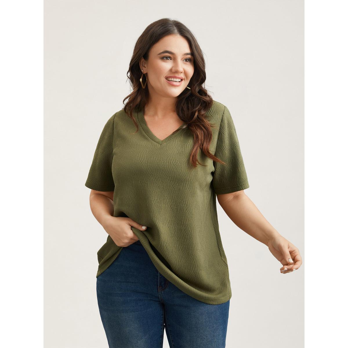 Plus Size Textured V-Neck Half Sleeve T-Shirt ArmyGreen Women Casual Texture V-neck Everyday T-shirts BloomChic 14-16/1X Product Image