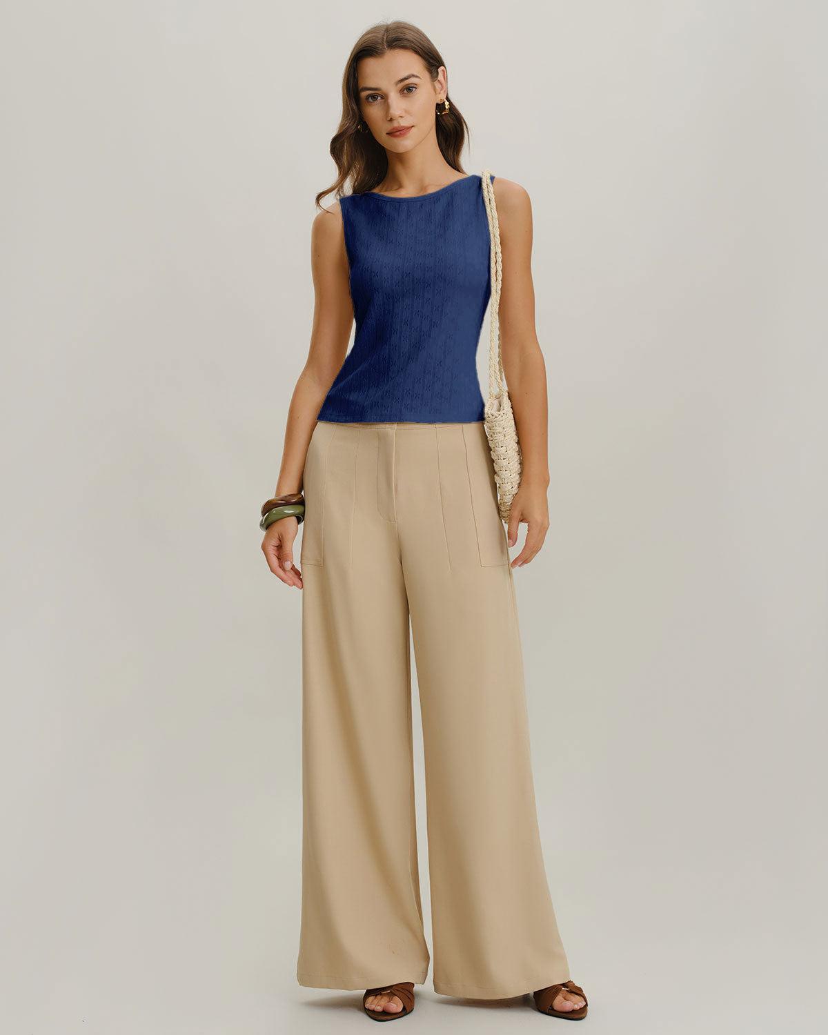 Blue Boat Neck Ribbed Knit Tank Top Product Image