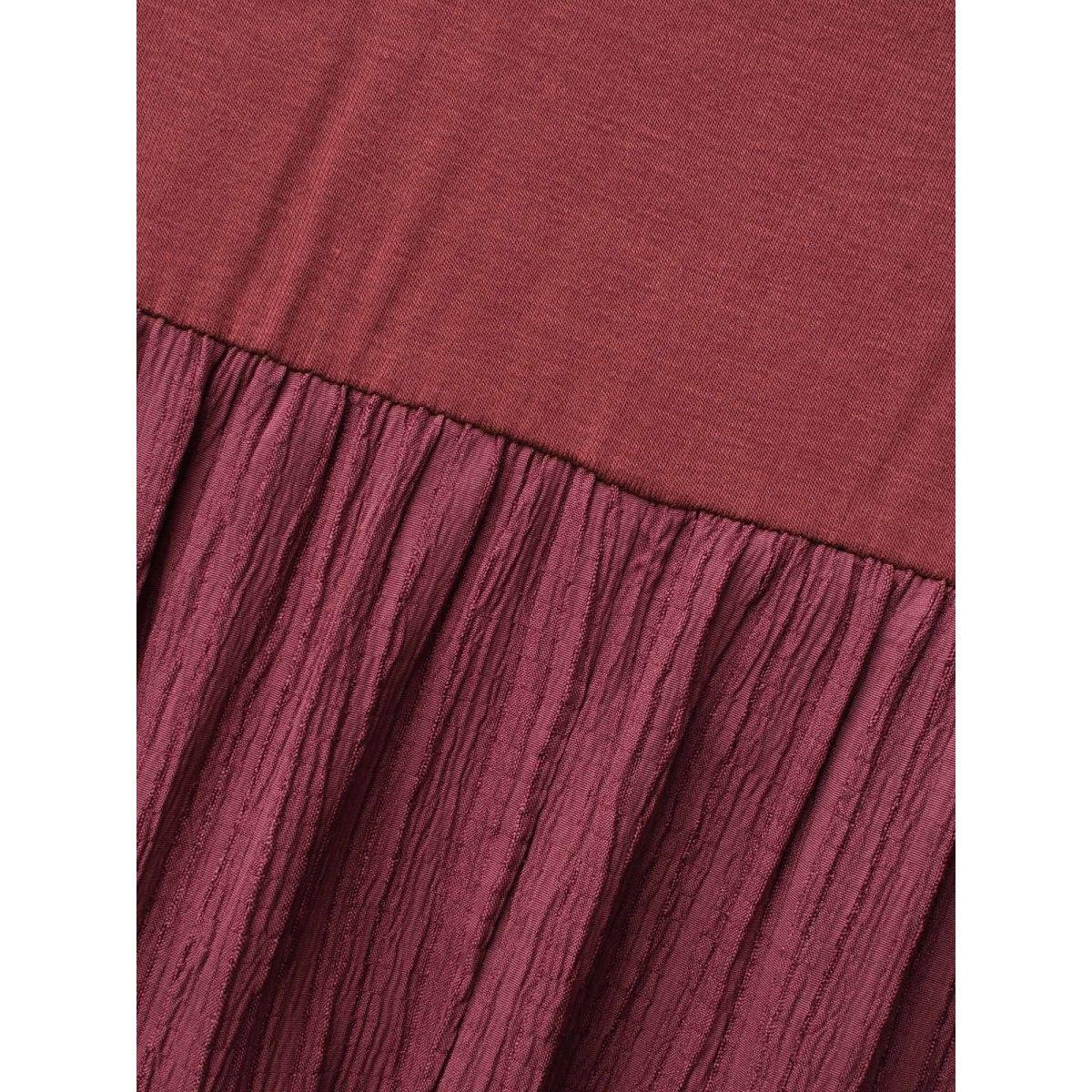 Plus Size 2-In-1 Patchwork Gathered Dress Burgundy Women Casual Texture Round Neck Long Sleeve Curvy BloomChic 18-20/2X Product Image