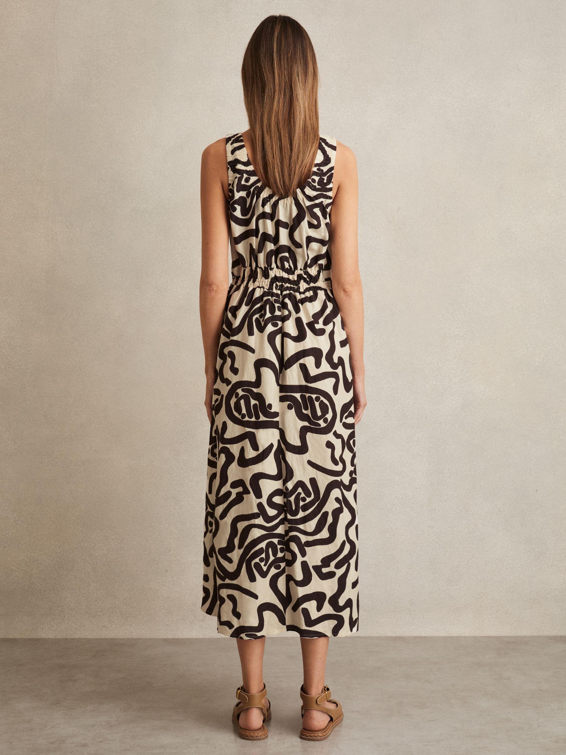 Linen-Blend Printed Shirred Midi Dress in Brown/Ivory Product Image