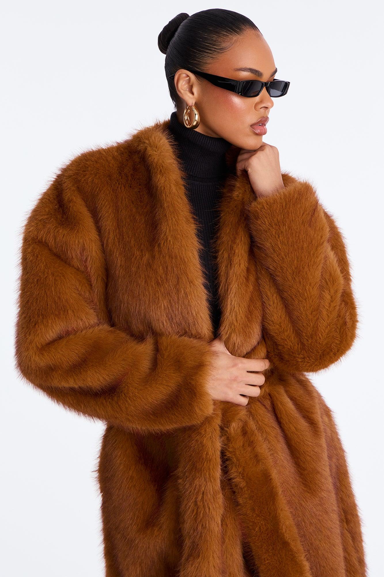 Helena Faux Fur Belted Coat - Cognac Female Product Image